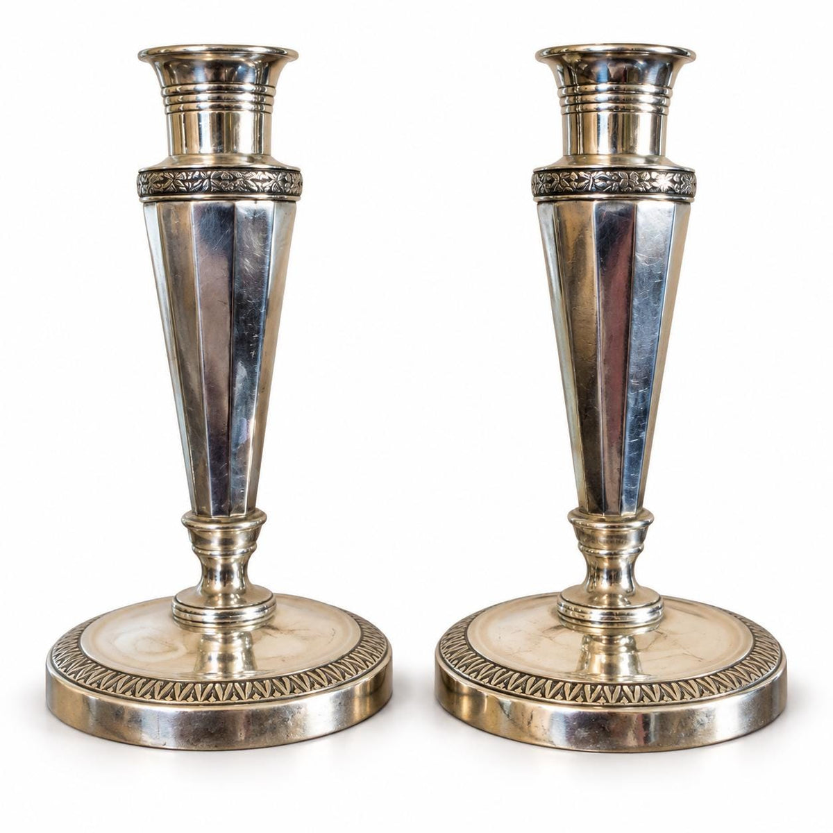 Pair of French Silver-Plated Empire Style Candlesticks, Palmette and Fluted Column — France, Early 20th Century