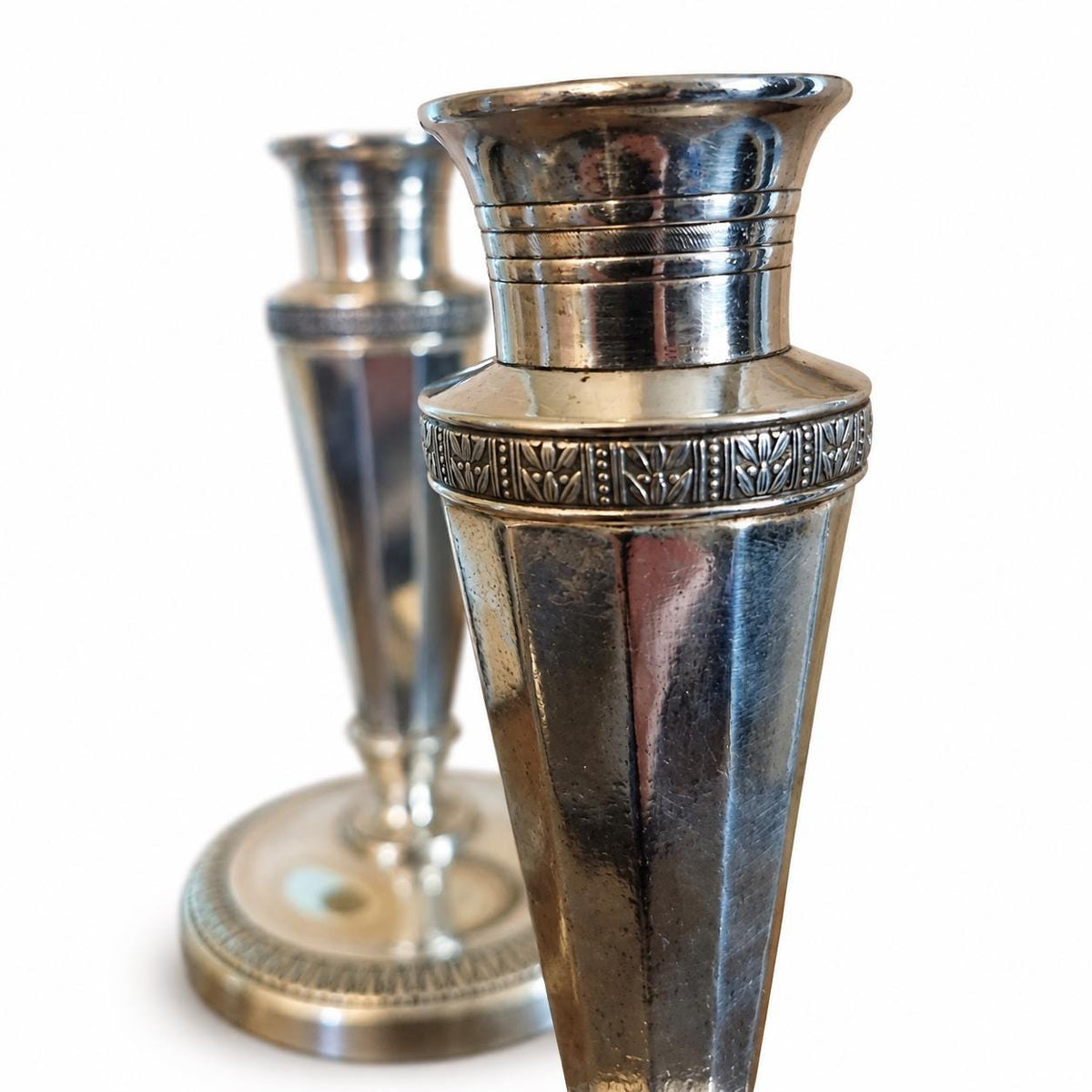 Pair of French Silver-Plated Empire Style Candlesticks, Palmette and Fluted Column — France, Early 20th Century