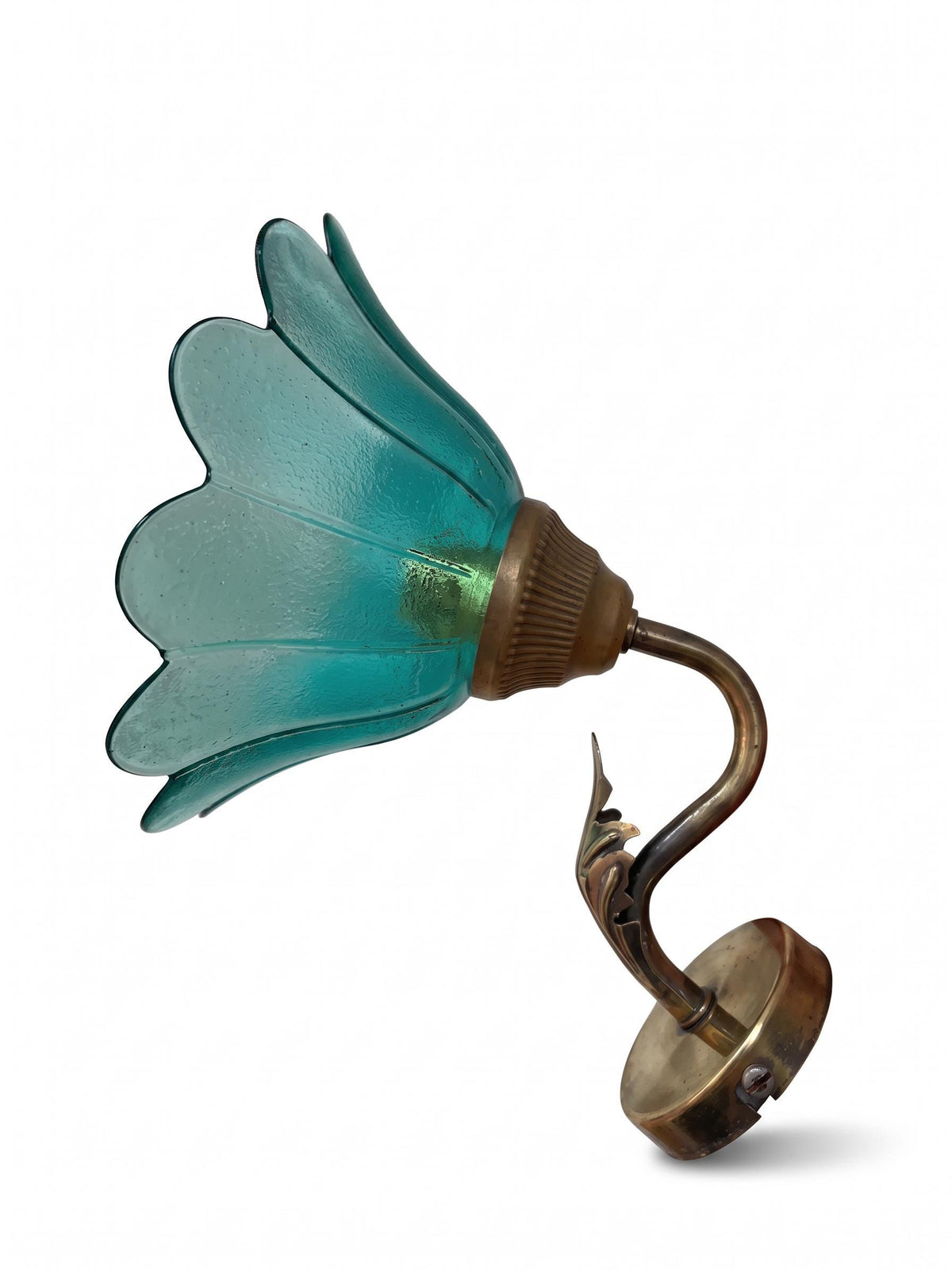 Pair of French Vintage Brass Wall Sconces, Teal Green Glass Flower Shades — France, Mid-20th Century