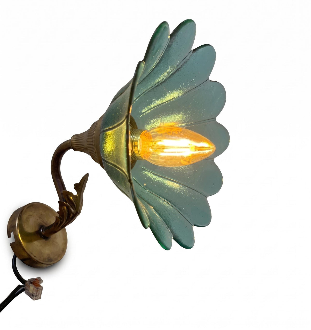 Pair of French Vintage Brass Wall Sconces, Teal Green Glass Flower Shades — France, Mid-20th Century