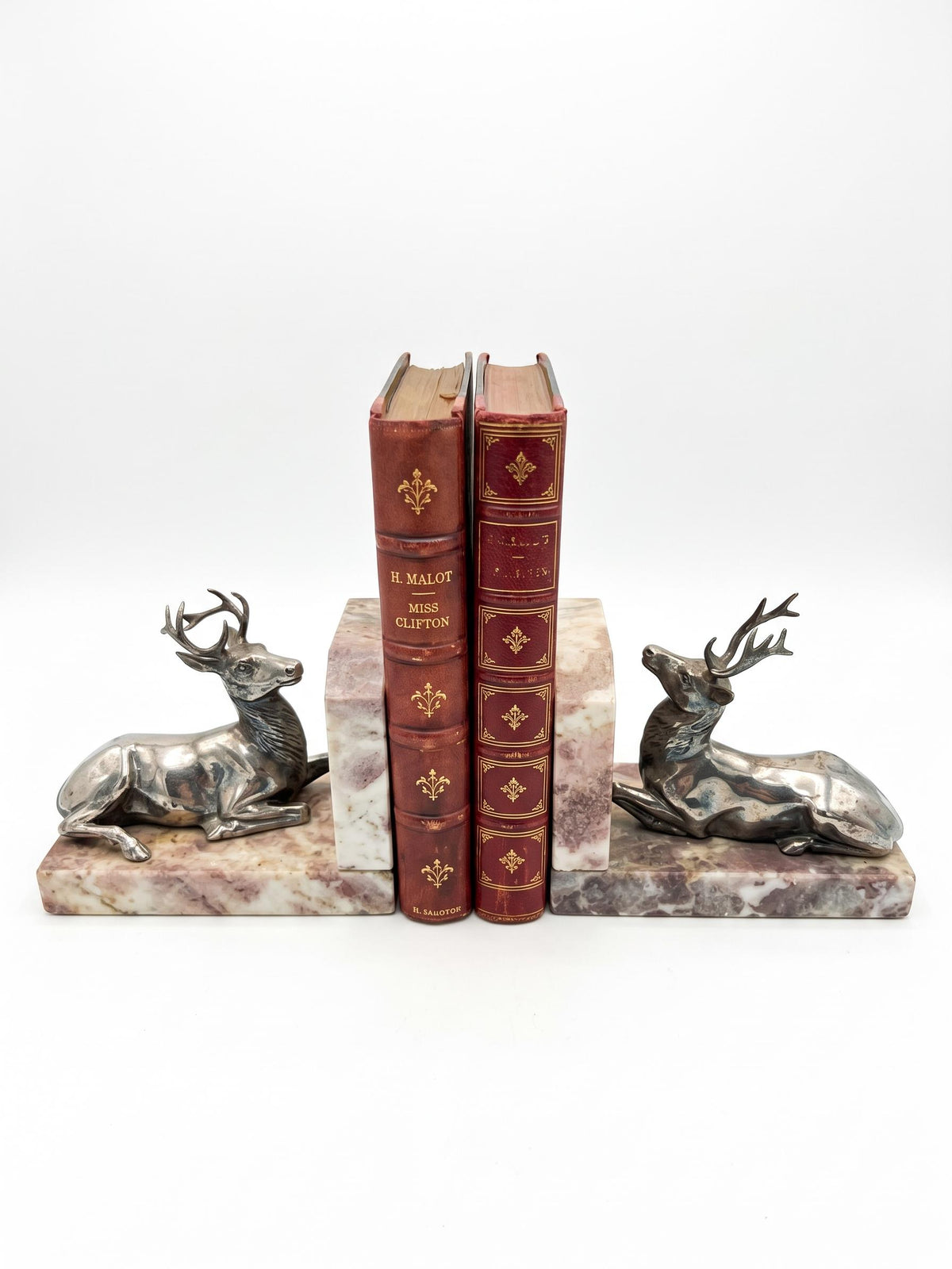 Antique French Silvered Bronze Stag Bookends on Marble Bases — French Animalier School, Early 20th Century