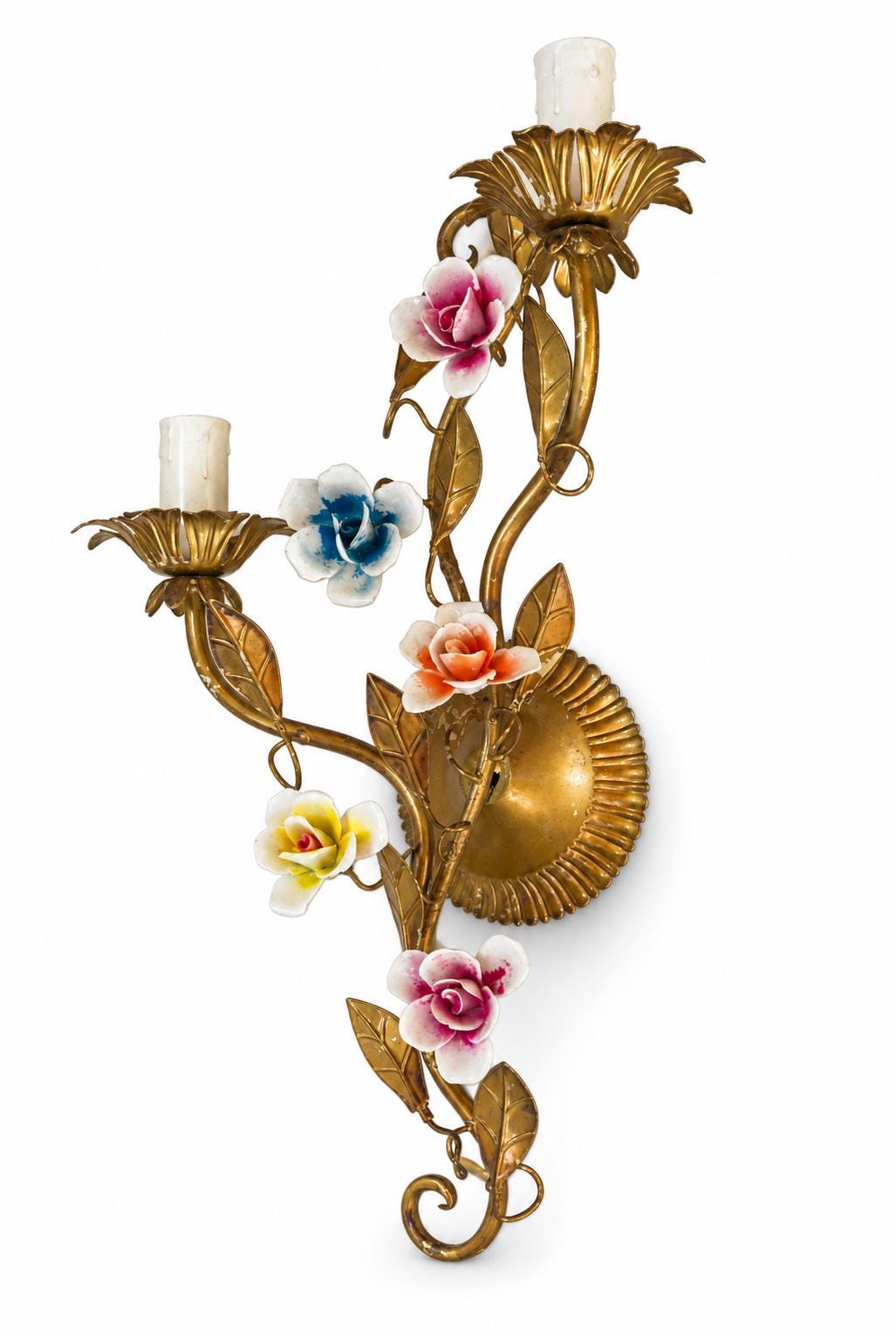 Pair of Italian Gilt Tole Wall Sconces, Porcelain Rose Flowers, Two Arm — Italy, circa 1960