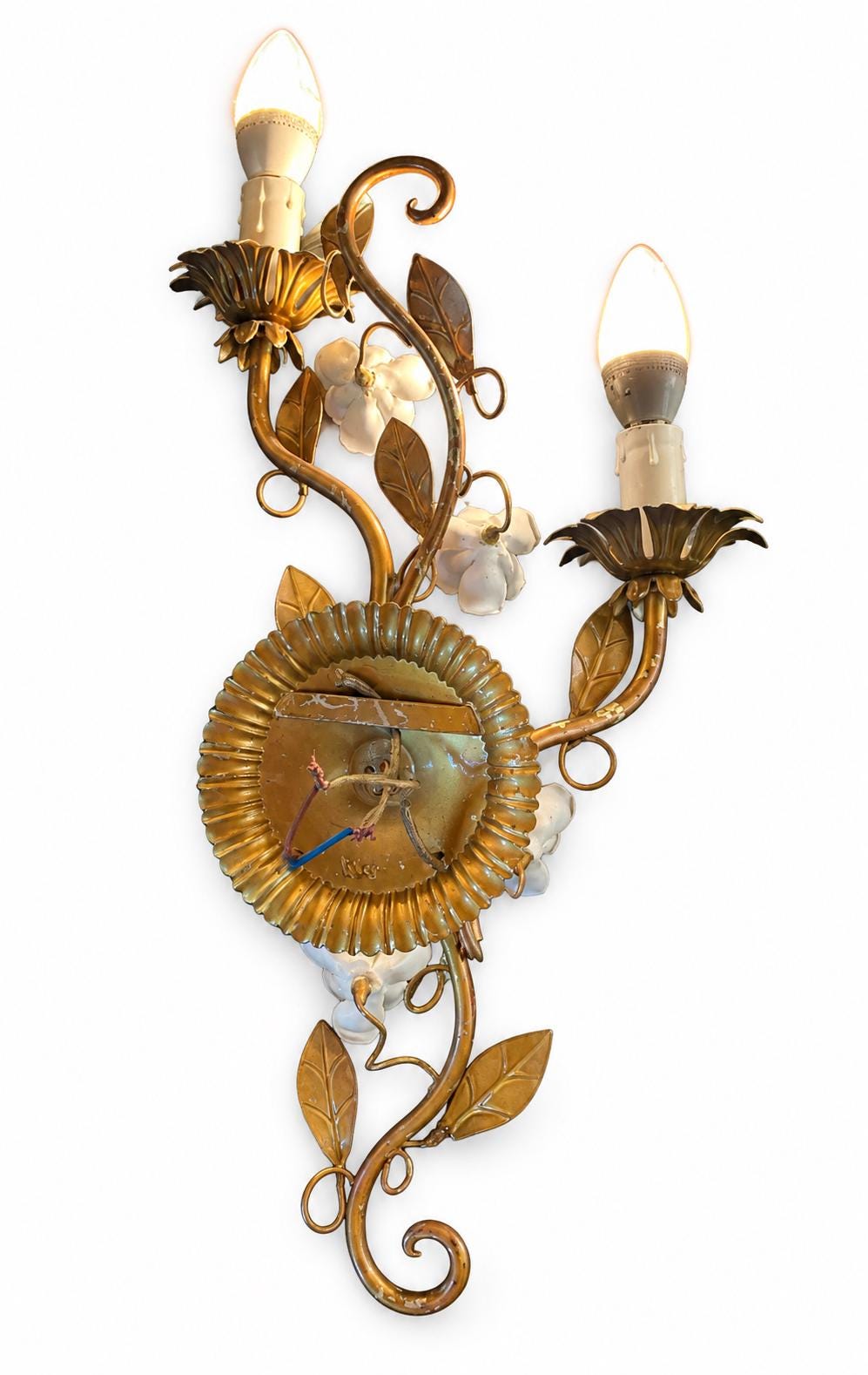 Pair of Italian Gilt Tole Wall Sconces, Porcelain Rose Flowers, Two Arm — Italy, circa 1960