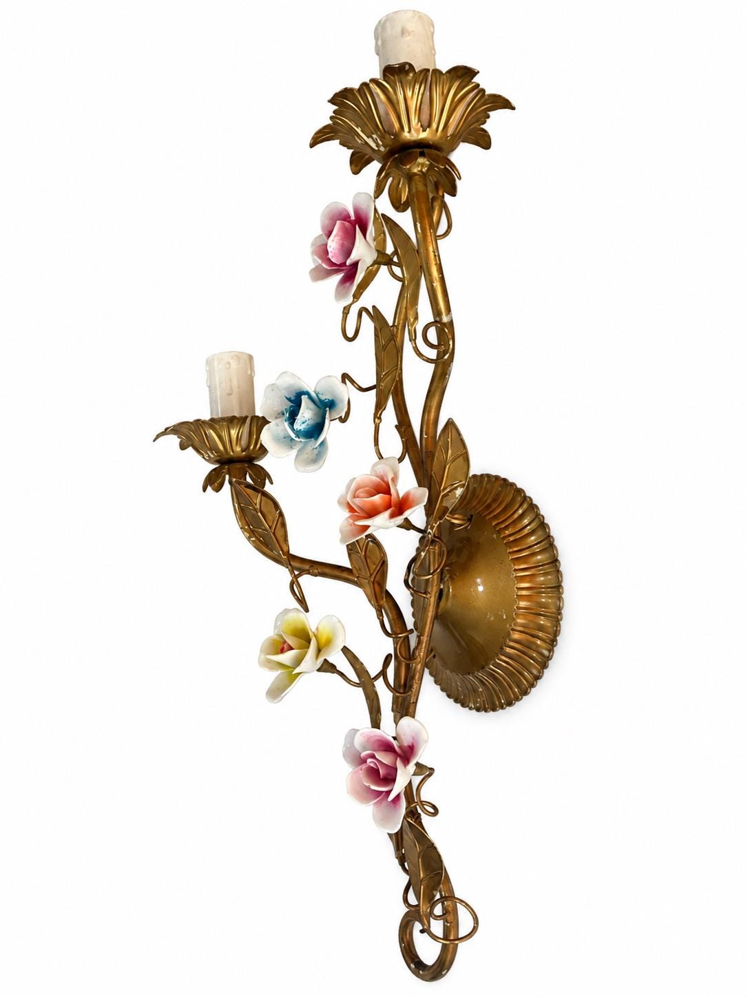 Pair of Italian Gilt Tole Wall Sconces, Porcelain Rose Flowers, Two Arm — Italy, circa 1960