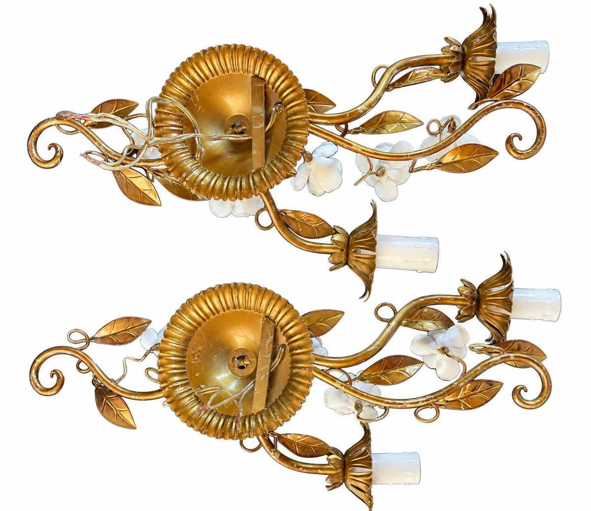 Pair of Italian Gilt Tole Wall Sconces, Porcelain Rose Flowers, Two Arm — Italy, circa 1960