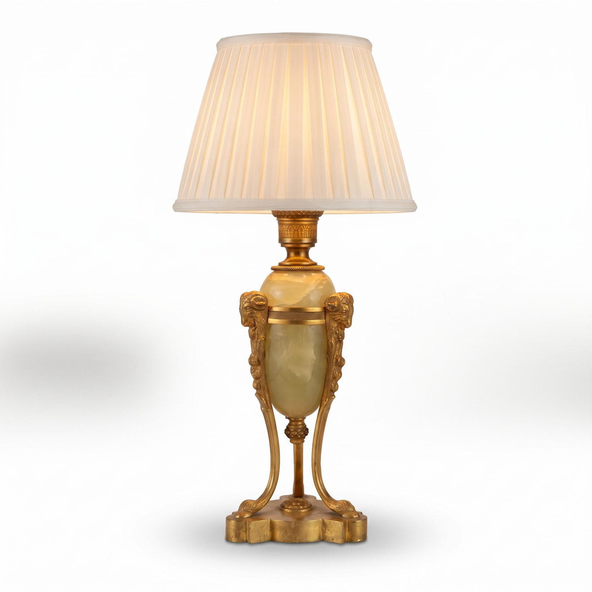 Antique French Empire Style Bronze and Onyx Table Lamp, Athénienne with Ram's Head Mounts — France, Early 20th Century