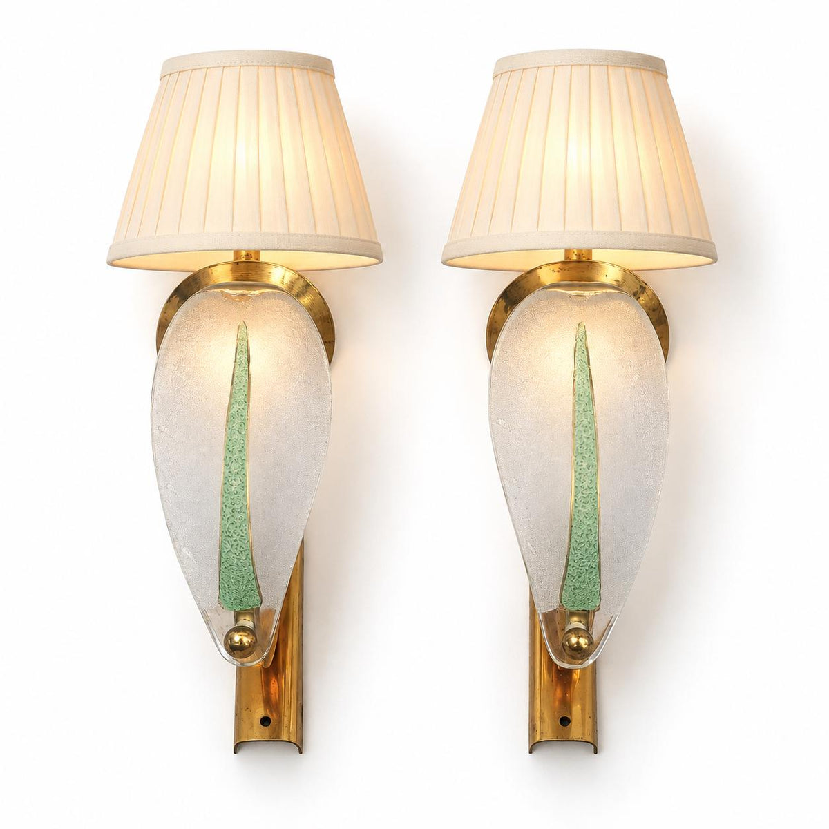 Pair of French Art Deco Wall Sconces, Signed Ezan Frosted Glass Leaf Shades and Brass — France, circa 1930