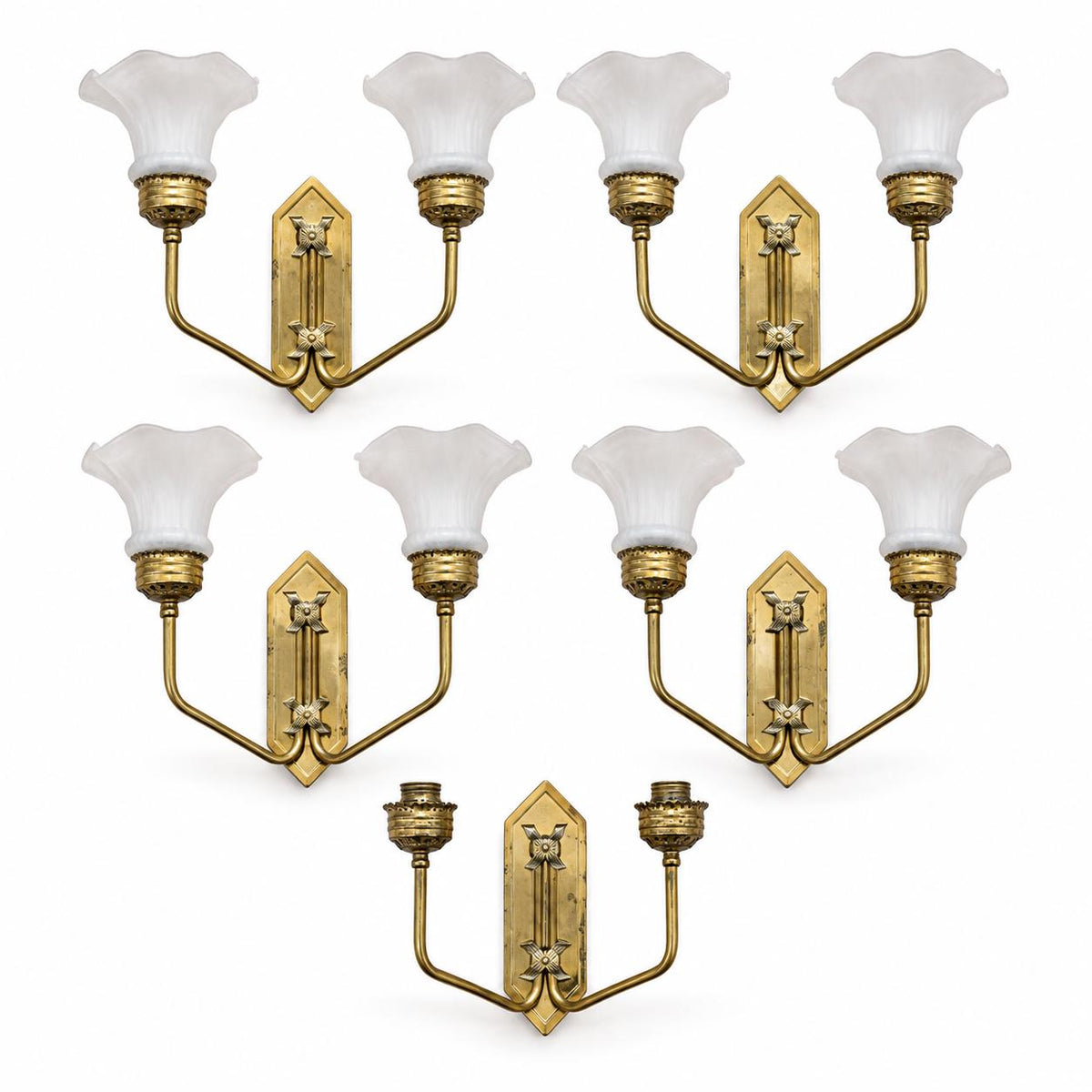 Set of Five German Art Deco Brass Wall Sconces, PE Stamped, Frosted Glass Shades — Hamburg, circa 1930