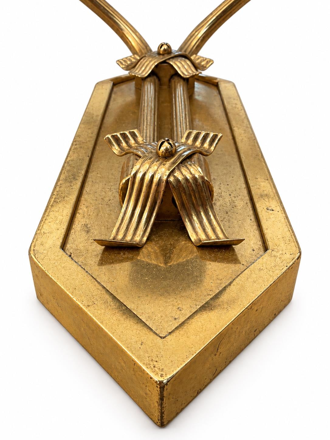 Set of Five German Art Deco Brass Wall Sconces, PE Stamped, Frosted Glass Shades — Hamburg, circa 1930