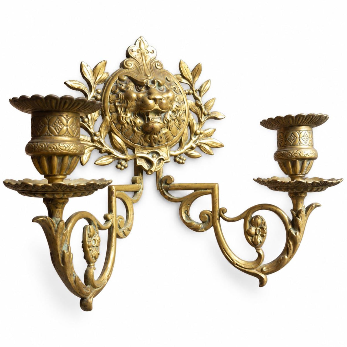 Pair of Antique French Bronze Wall Sconces, Renaissance Style Lion Mask and Wreath — France, 19th Century