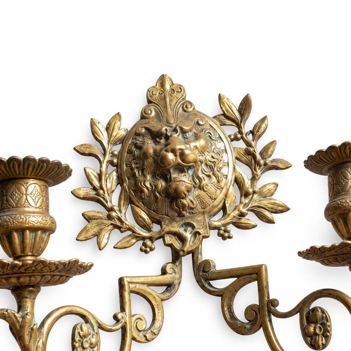 Pair of Antique French Bronze Wall Sconces, Renaissance Style Lion Mask and Wreath — France, 19th Century