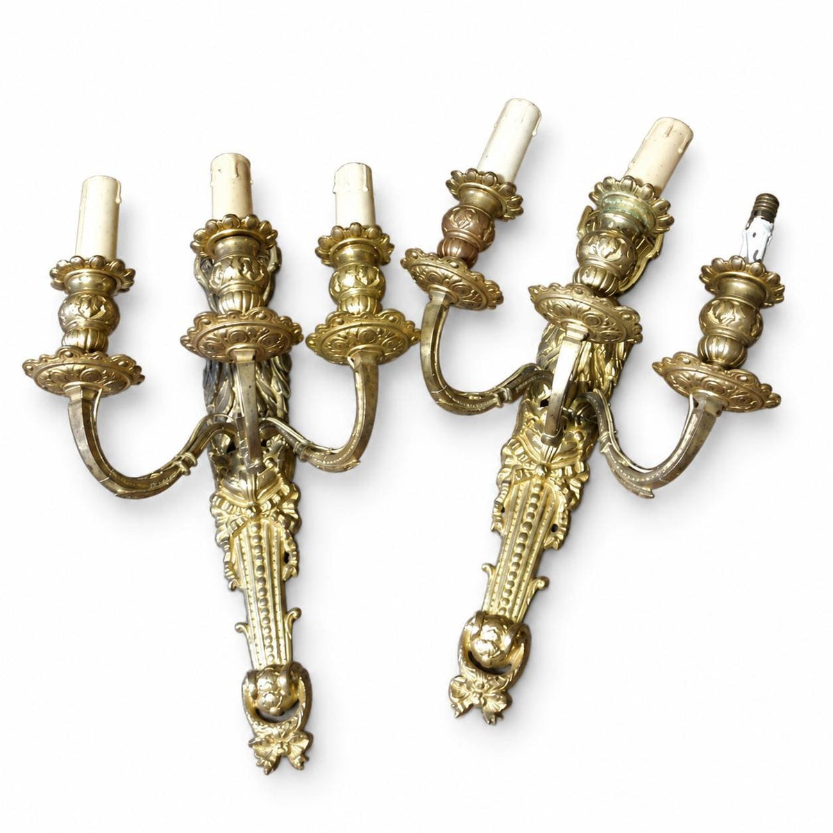Pair of Antique French Gilt Bronze Three-Arm Wall Sconces, Louis XVI Style — France, 19th Century