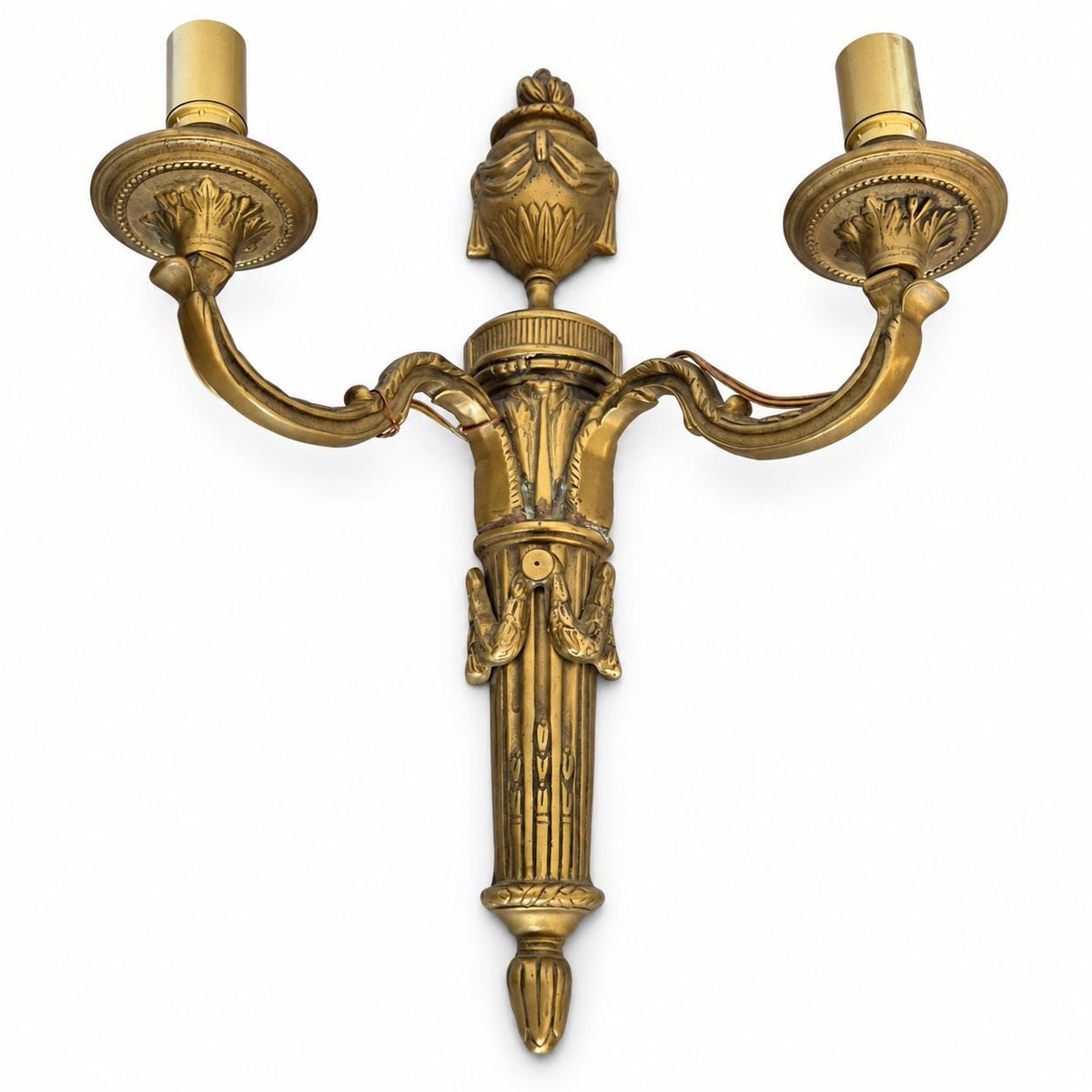 Pair of Antique French Bronze Two-Arm Wall Sconces, Louis XVI Quiver and Urn — France, Early 20th Century