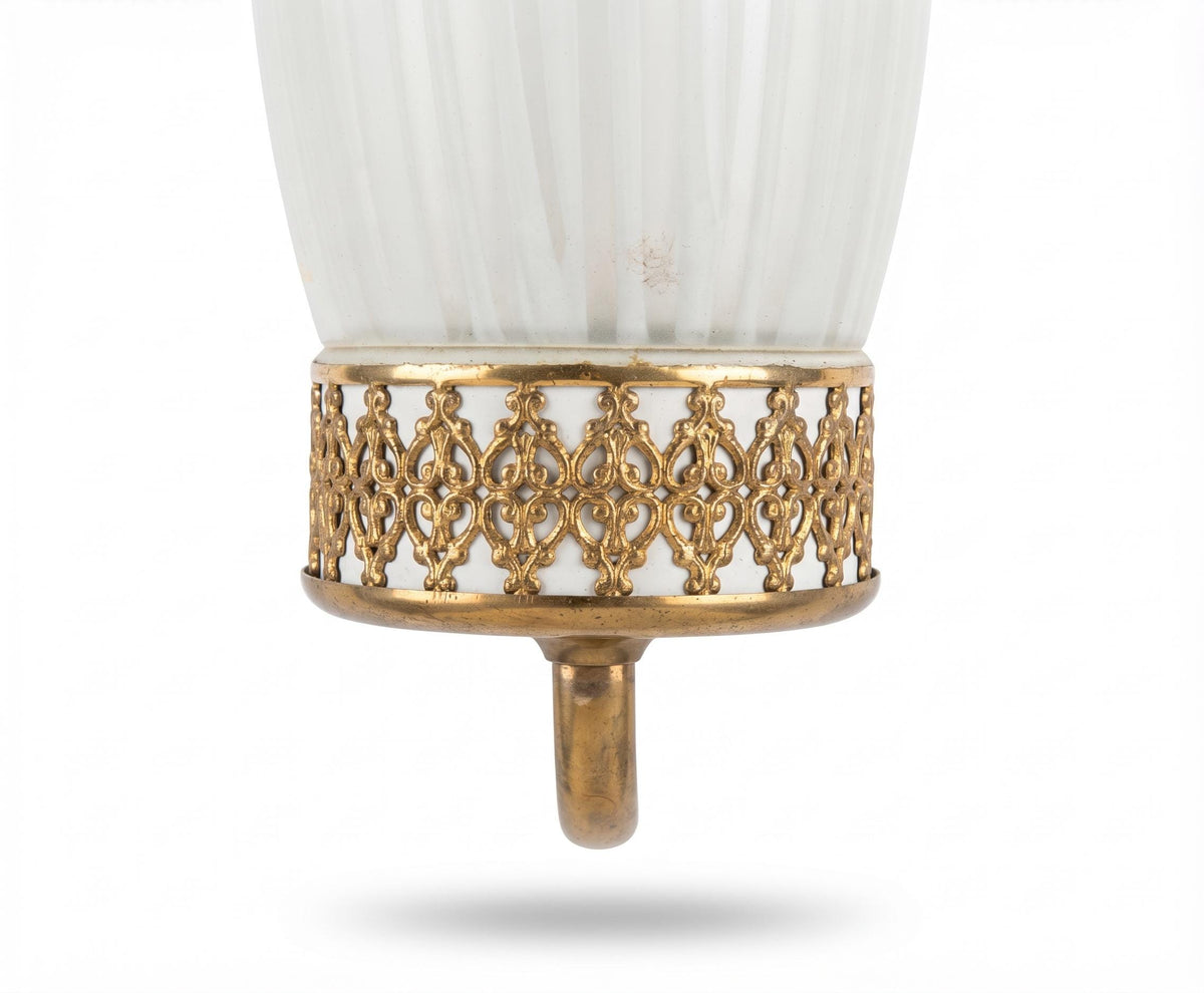 Mirrored Wall Sconces Pair, Black and Brass Sconces with Striped Frosted Glass Flames — French, 1950s–60s