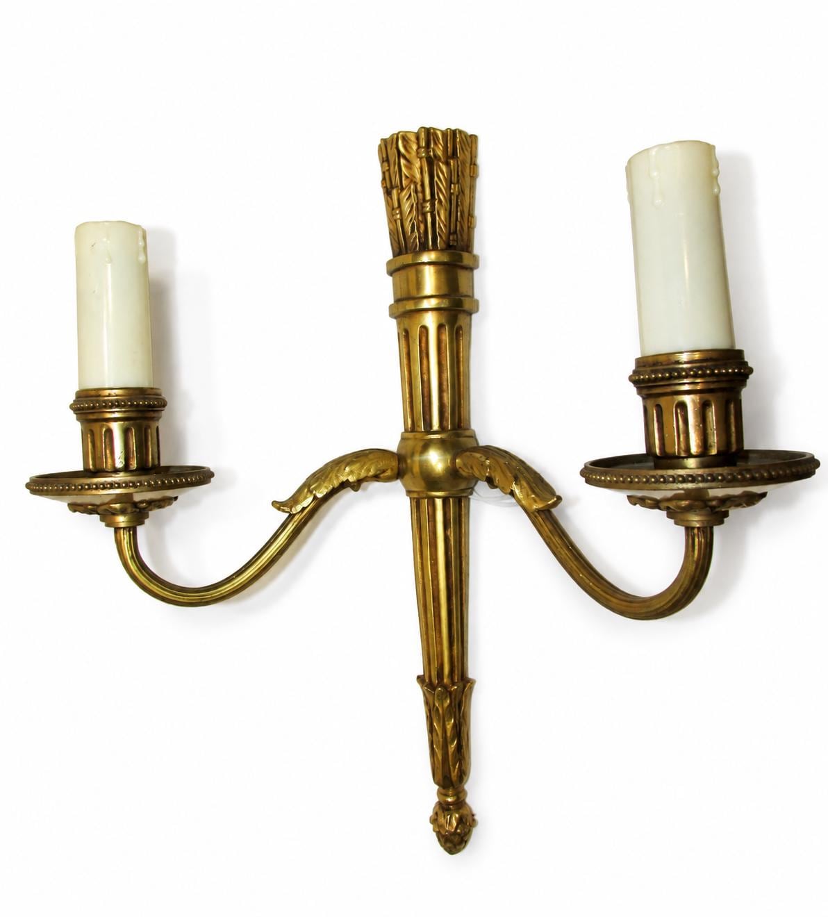 Louis XVI Style Wall Sconces Pair, Gilt Metal Quiver Sconces with Two Arms — French, 20th Century
