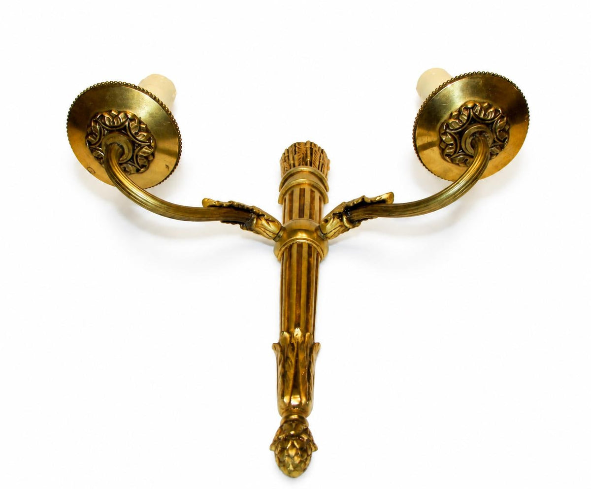 Louis XVI Style Wall Sconces Pair, Gilt Metal Quiver Sconces with Two Arms — French, 20th Century