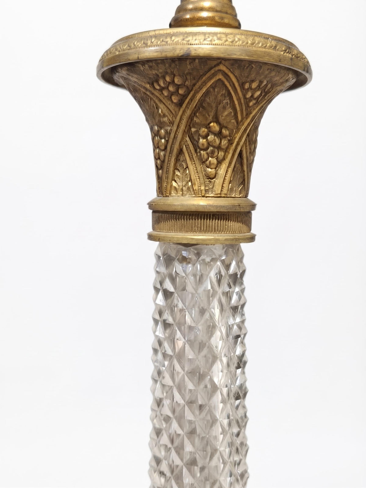 Empire Style Table Lamp, Gilt Metal and Cut Glass Column Lamp with Classical Faces on Marble — French Style