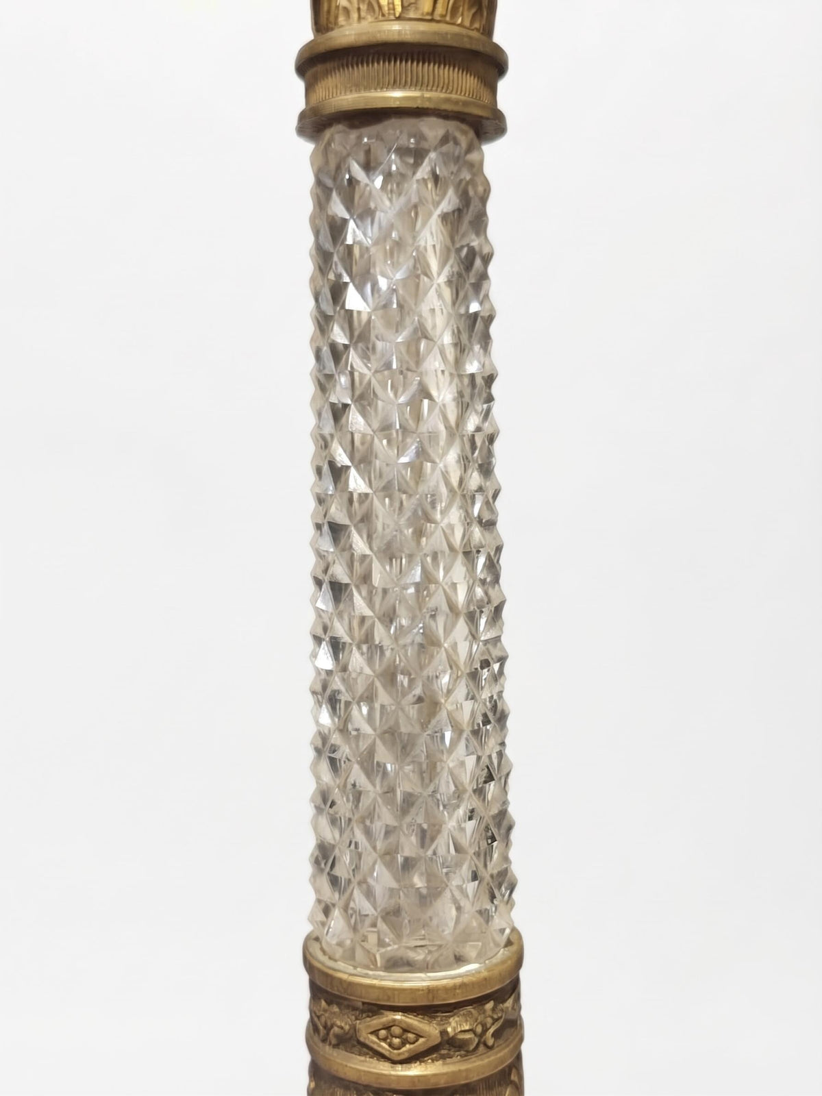 Empire Style Table Lamp, Gilt Metal and Cut Glass Column Lamp with Classical Faces on Marble — French Style