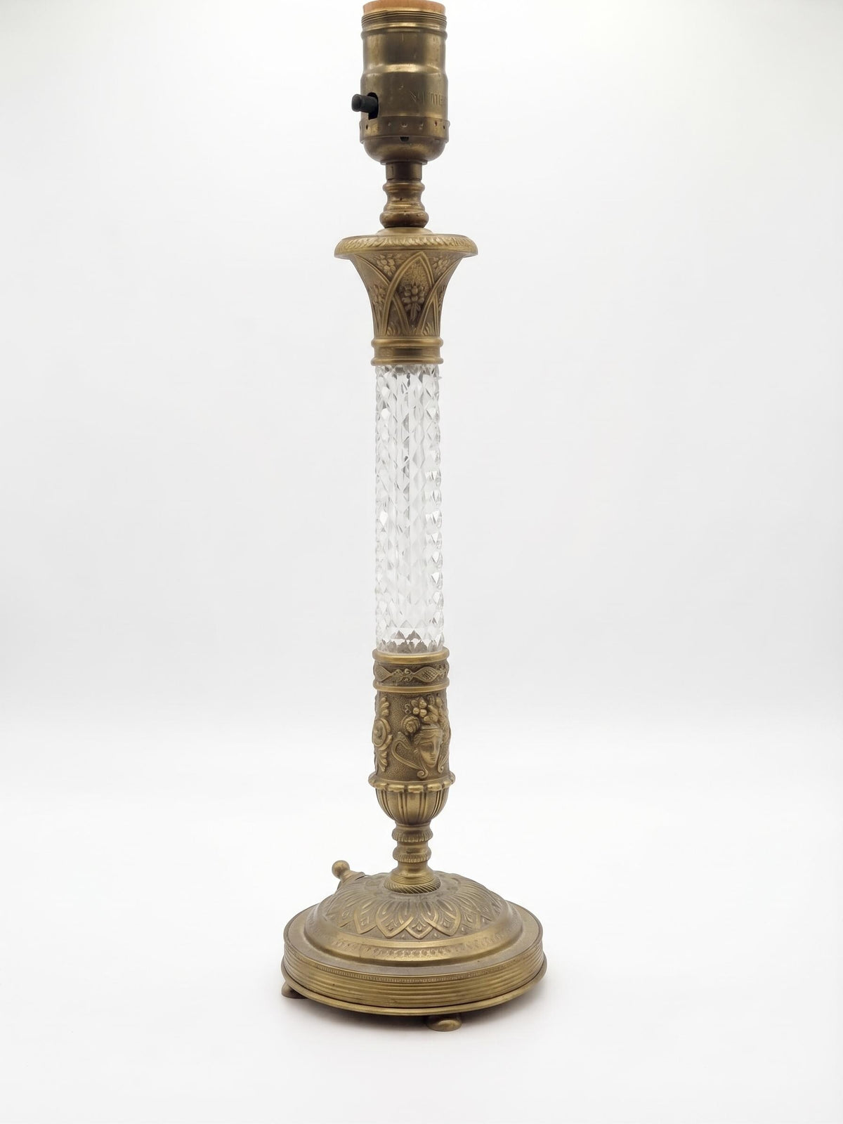 Empire Style Table Lamp, Gilt Metal and Cut Glass Column Lamp with Classical Faces on Marble — French Style