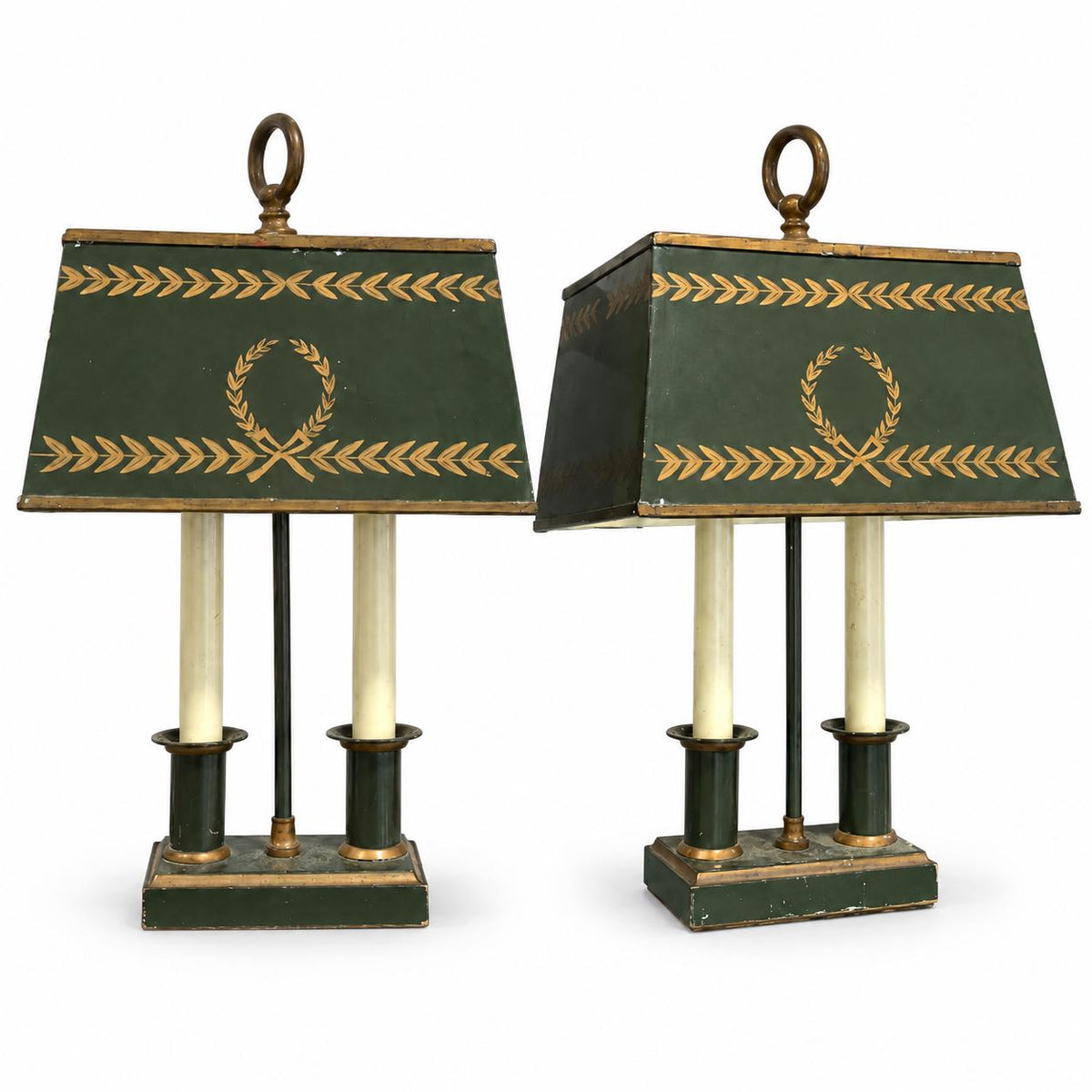 Empire Style Table Lamps Pair, Twin Light Green Tole Lamps with Painted Laurel Shades — French Style