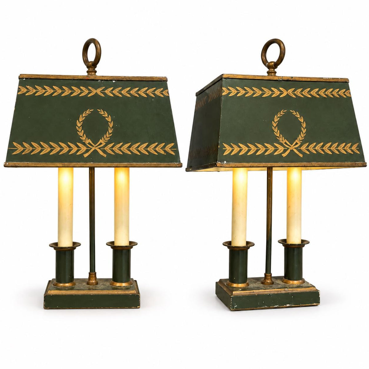 Empire Style Table Lamps Pair, Twin Light Green Tole Lamps with Painted Laurel Shades — French Style