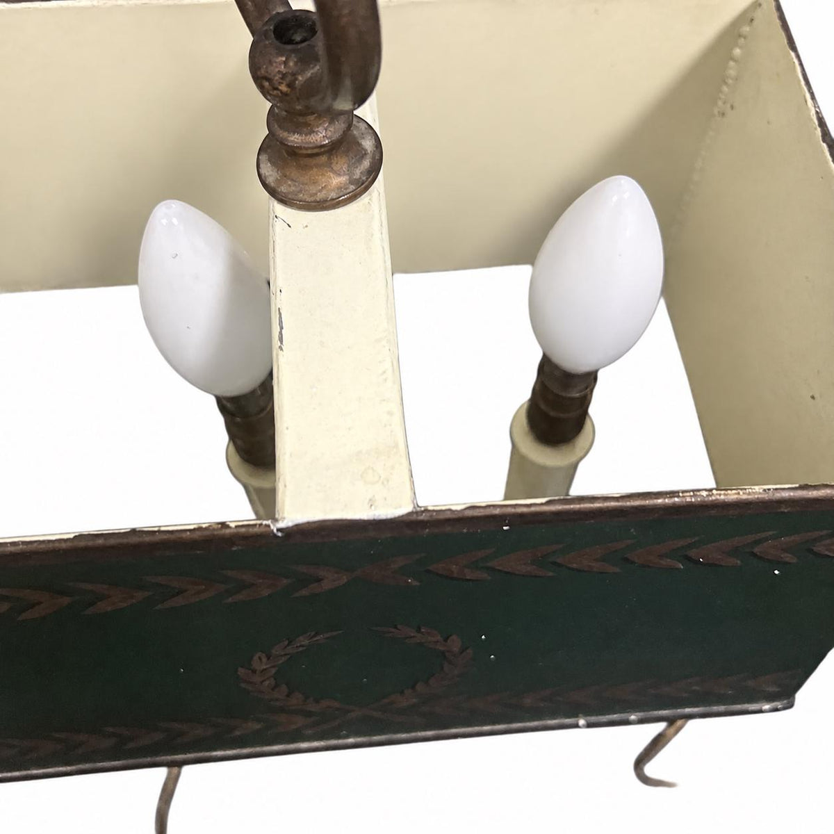 Empire Style Table Lamps Pair, Twin Light Green Tole Lamps with Painted Laurel Shades — French Style