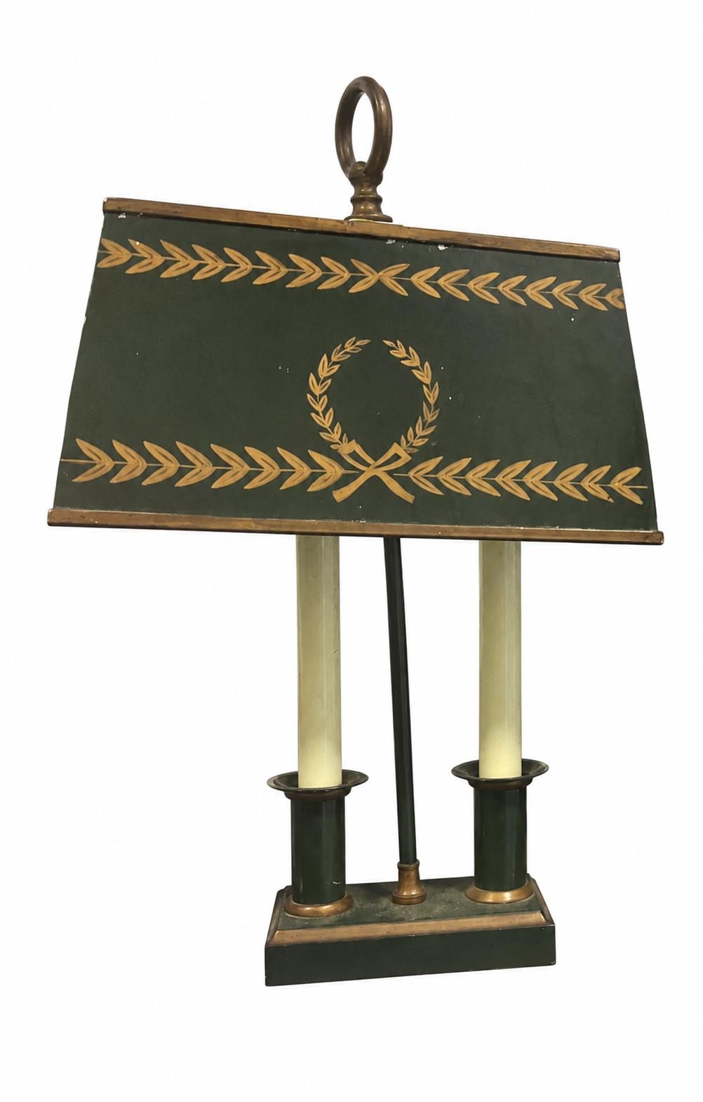 Empire Style Table Lamps Pair, Twin Light Green Tole Lamps with Painted Laurel Shades — French Style