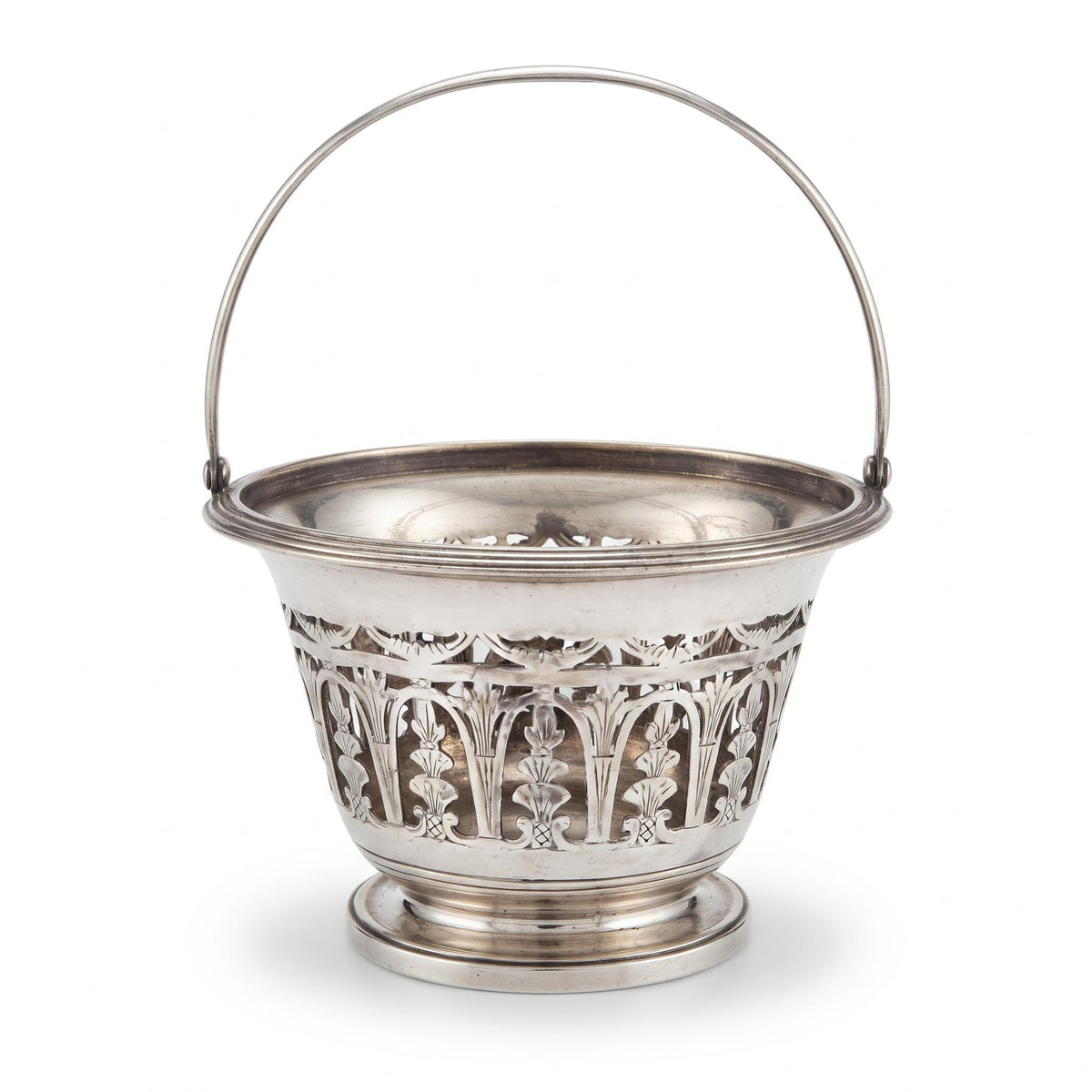 Antique French Pierced Silvered Metal Swing-Handle Basket — Openwork Sugar or Bonbon Basket, Neoclassical Arcade Decor