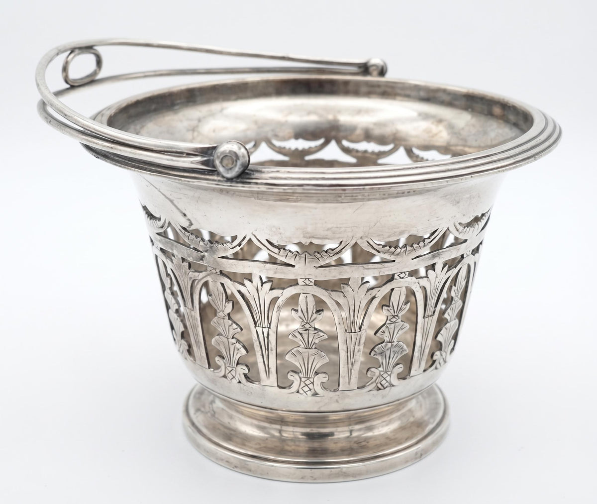 Antique French Pierced Silvered Metal Swing-Handle Basket — Openwork Sugar or Bonbon Basket, Neoclassical Arcade Decor