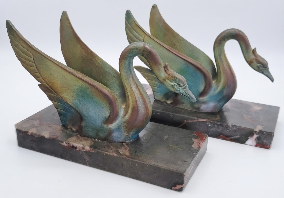 Antique French Art Deco Swan Bookends, circa 1930 — Pair of Patinated Metal Swans on Marble Bases, Stamped Made in France