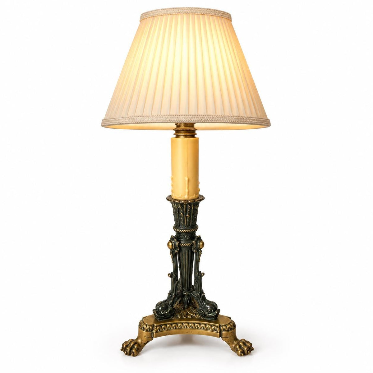 Empire-Style Patinated and Gilt Metal Table Lamp, Dolphin Tripod on Lion-Paw Base, Converted Candelabra