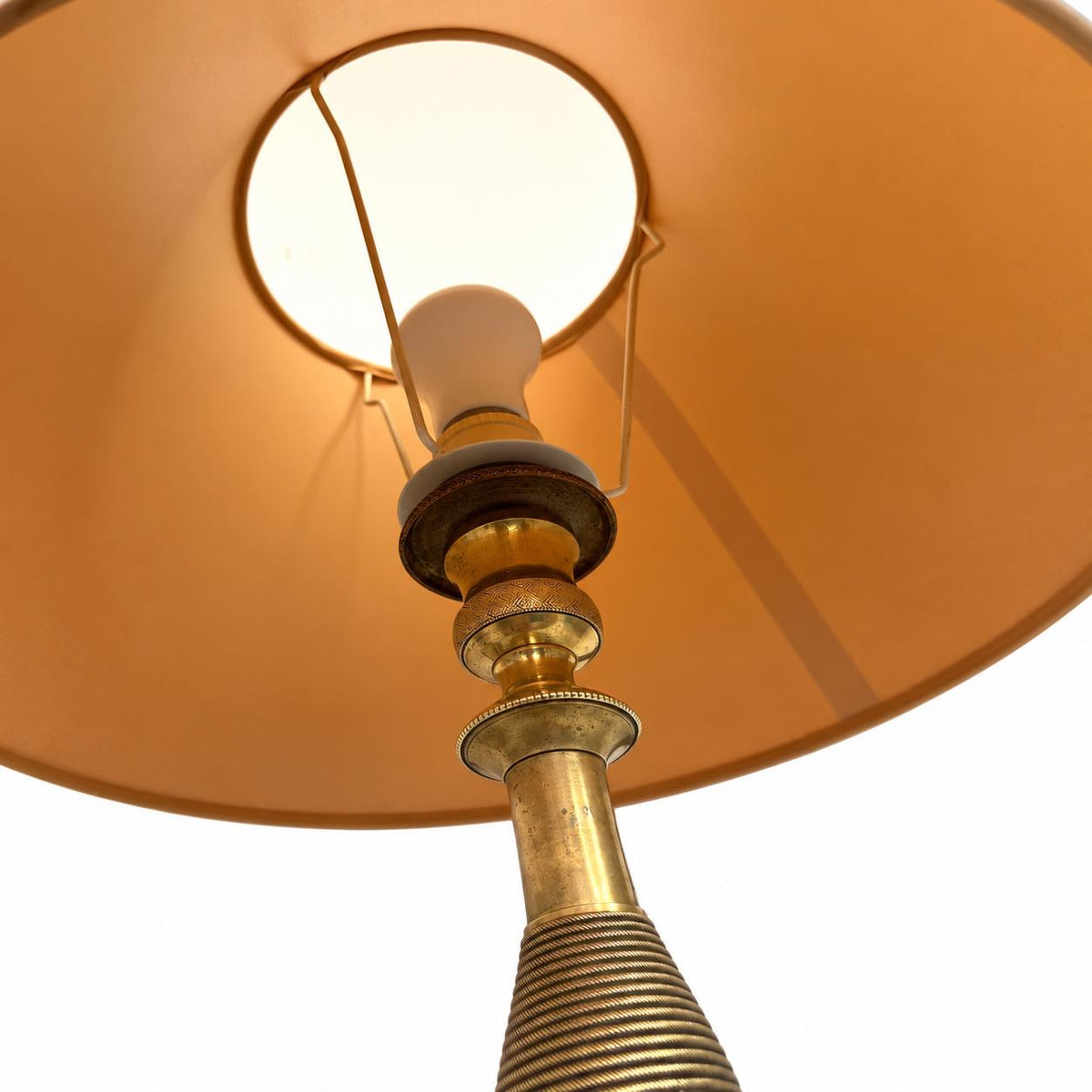 Empire-Style Gilt Metal Table Lamp, Turned and Ribbed Column, Beige Conical Shade Included
