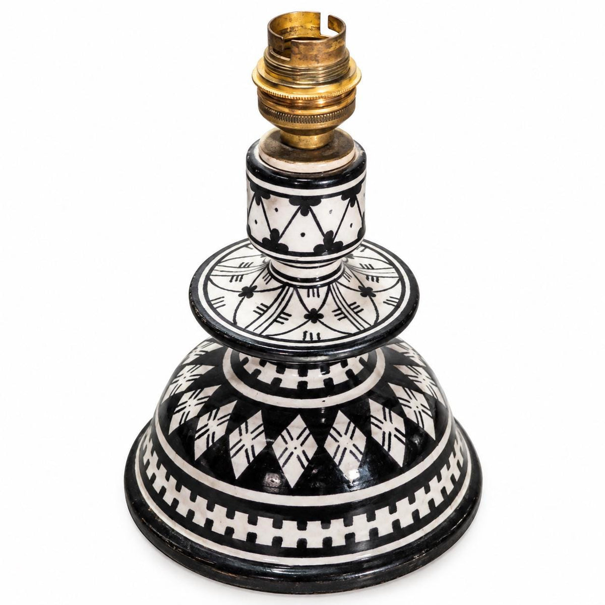 Moroccan Safi Glazed Ceramic Lamp Base, Black and White Geometric Pattern, Bedside Lamp