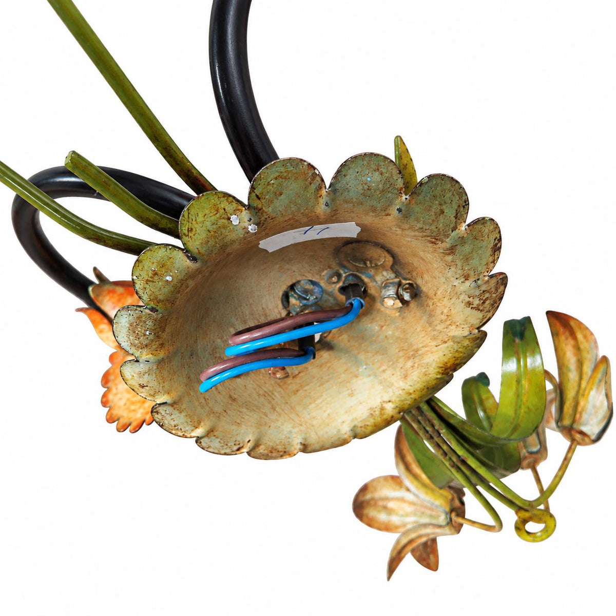 Pair of Painted Tole and Wrought Metal Wall Sconces, Floral and Foliate Two-Light Design