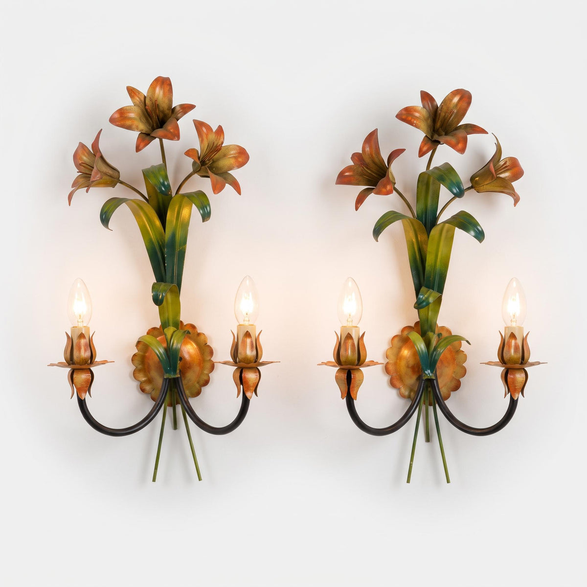 Pair of Painted Tole and Wrought Metal Wall Sconces, Floral and Foliate Two-Light Design