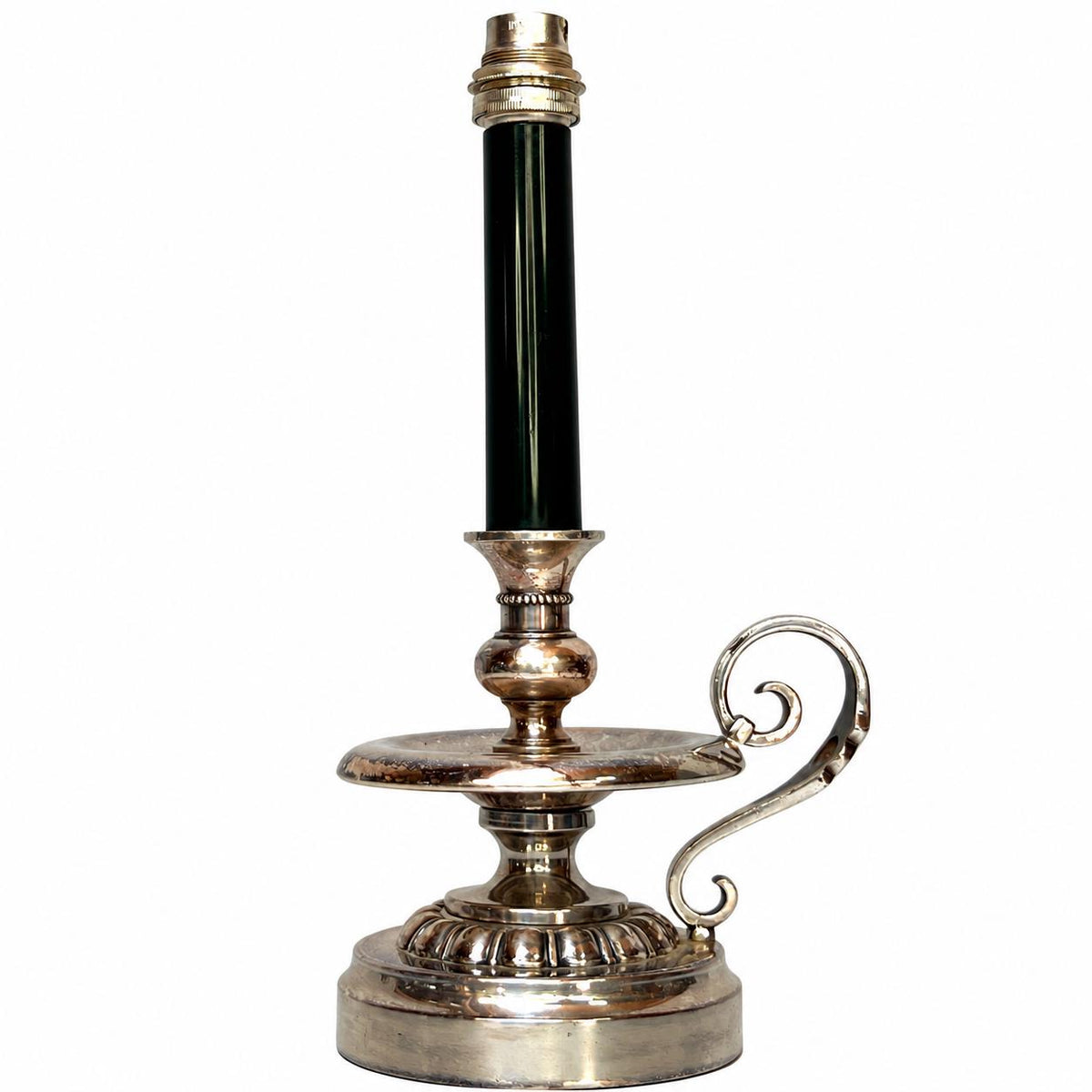 Silvered Metal Candlestick-Form Table Lamp, Scrolled Handle, Beaded and Gadrooned Detail
