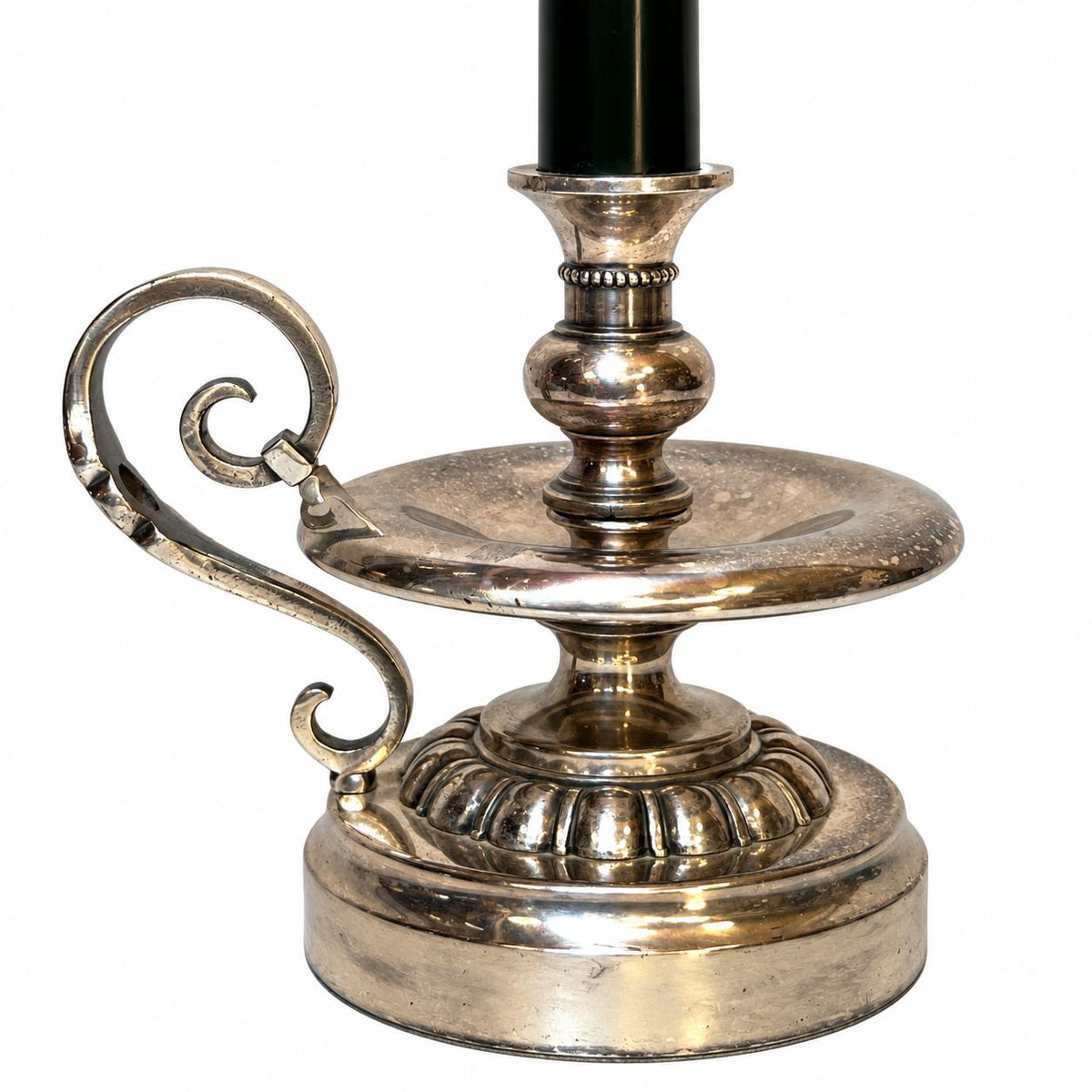Silvered Metal Candlestick-Form Table Lamp, Scrolled Handle, Beaded and Gadrooned Detail