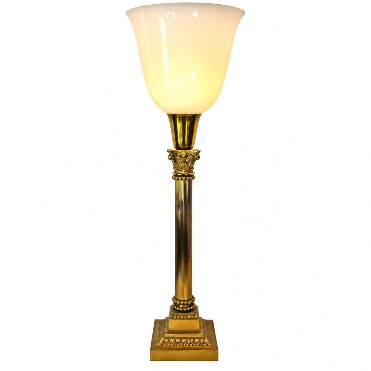 Gilt Metal Corinthian Column Lamp, White Opaline Glass Torchère Shade