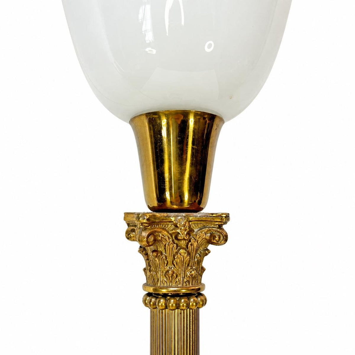 Gilt Metal Corinthian Column Lamp, White Opaline Glass Torchère Shade