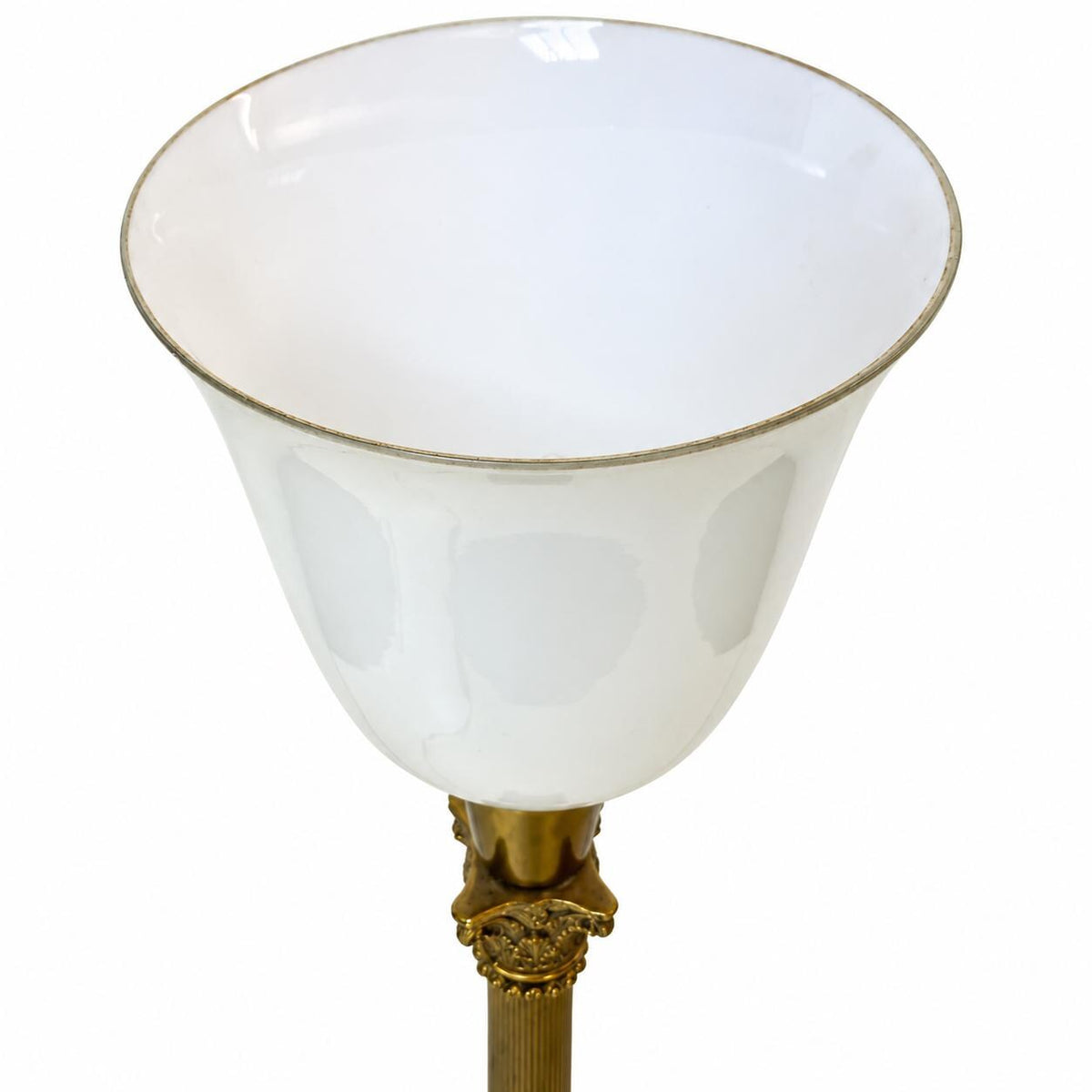Gilt Metal Corinthian Column Lamp, White Opaline Glass Torchère Shade