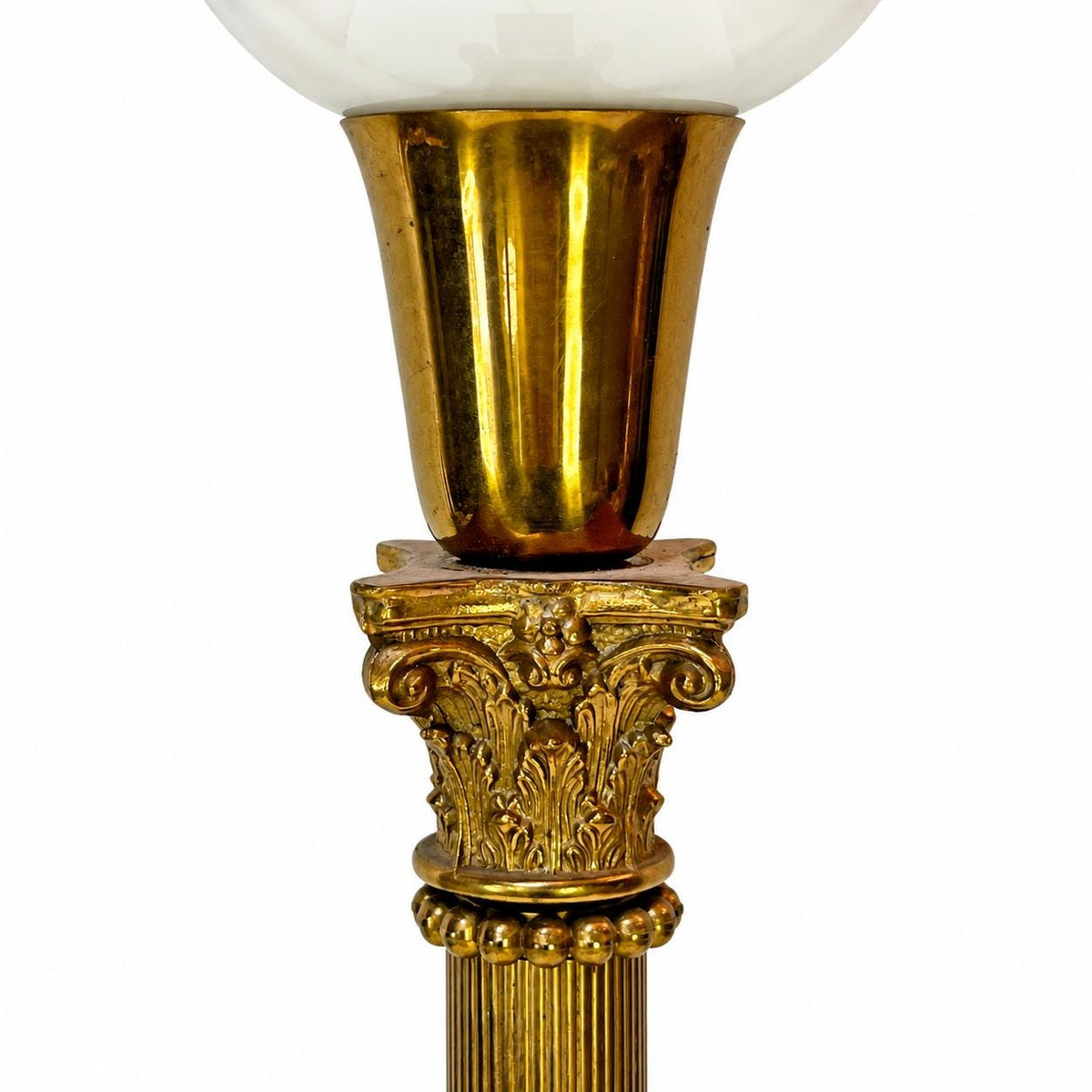 Gilt Metal Corinthian Column Lamp, White Opaline Glass Torchère Shade