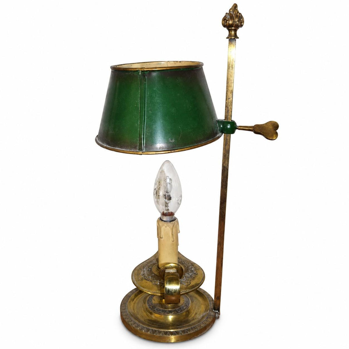 Gilt Metal Oil-Lamp Form Table Lamp, Green Tole Shade with Quiver and Torch Motif