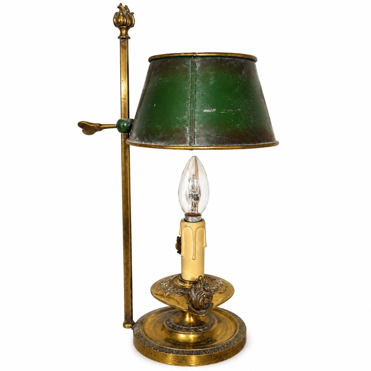 Gilt Metal Oil-Lamp Form Table Lamp, Green Tole Shade with Quiver and Torch Motif