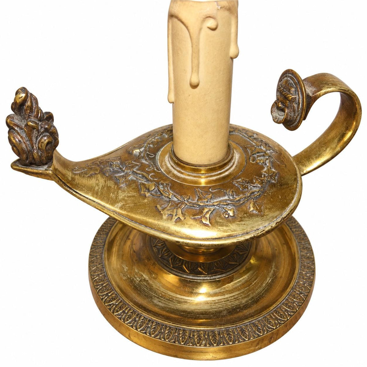 Gilt Metal Oil-Lamp Form Table Lamp, Green Tole Shade with Quiver and Torch Motif