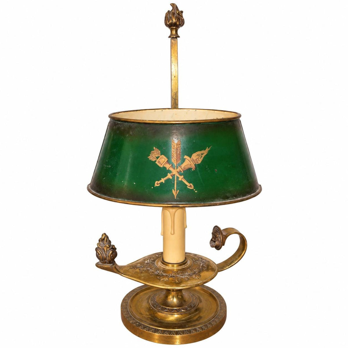 Gilt Metal Oil-Lamp Form Table Lamp, Green Tole Shade with Quiver and Torch Motif