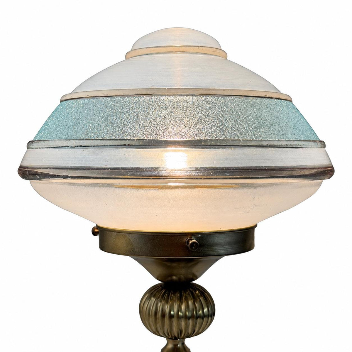 Gilt Brass Table Lamp, Ribbed Column, Mushroom-Form Glass Shade with Blue Frosted Band, 1960s