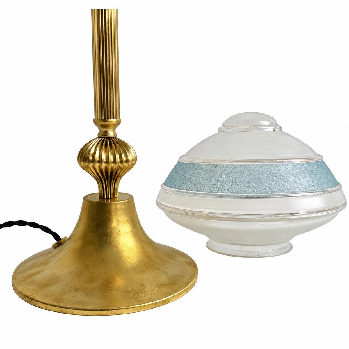 Gilt Brass Table Lamp, Ribbed Column, Mushroom-Form Glass Shade with Blue Frosted Band, 1960s