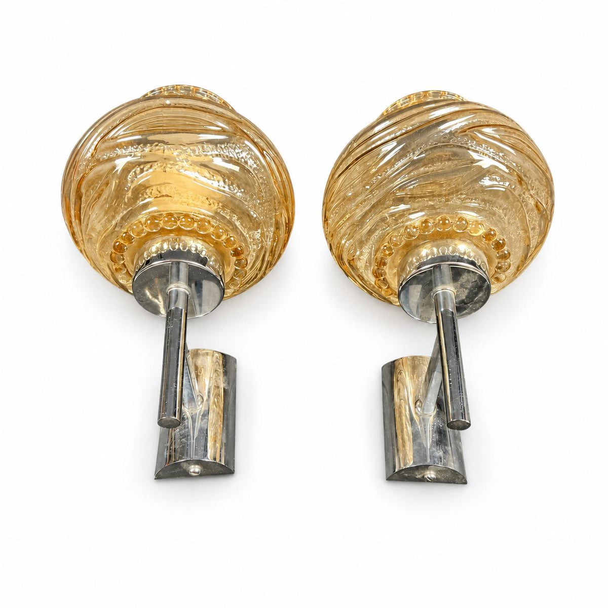 Pair of Amber Ribbed Glass Globe Wall Sconces, Chrome Fittings, 1970s Design