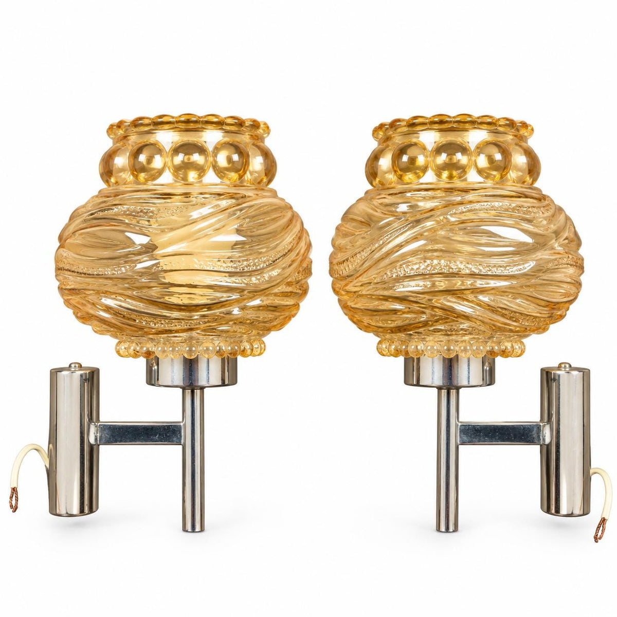 Pair of Amber Ribbed Glass Globe Wall Sconces, Chrome Fittings, 1970s Design