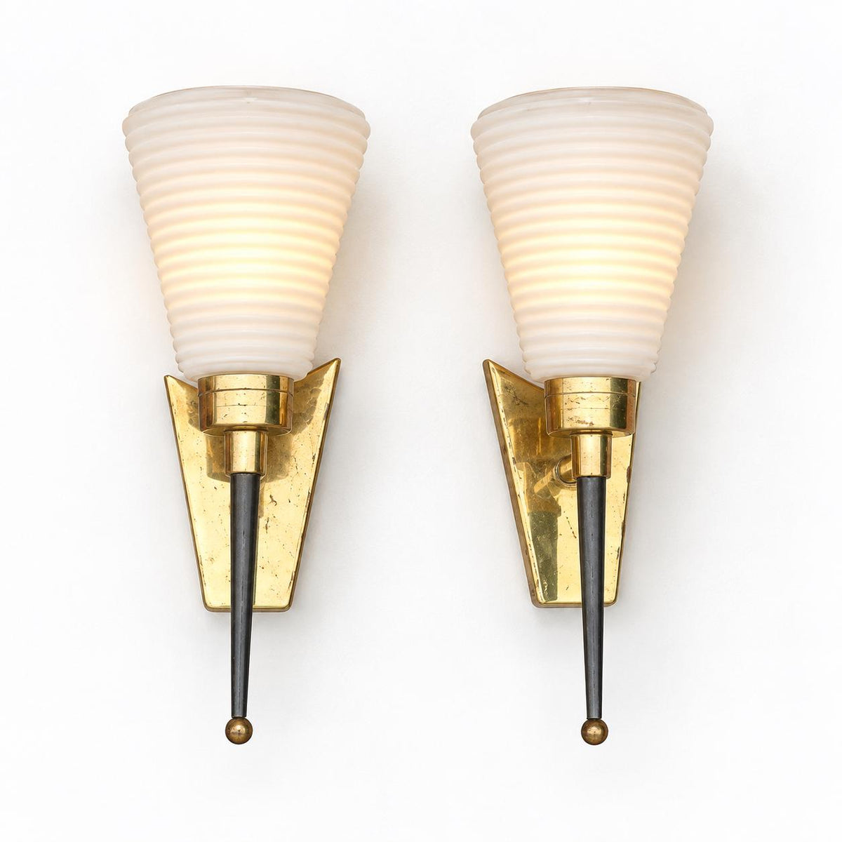 Pair of Gilt Brass Wall Lamps, Conical Ribbed Glass Shades, French Design